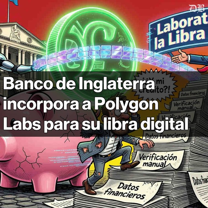 A cartoon-style illustration with a giant glowing green coin and chain, captioned 'Banco de Inglaterra incorpora a Polygon Labs para su libra digital', depicting a man overwhelmed by papers labeled 'Verificación manual' and 'Datos financieros'.