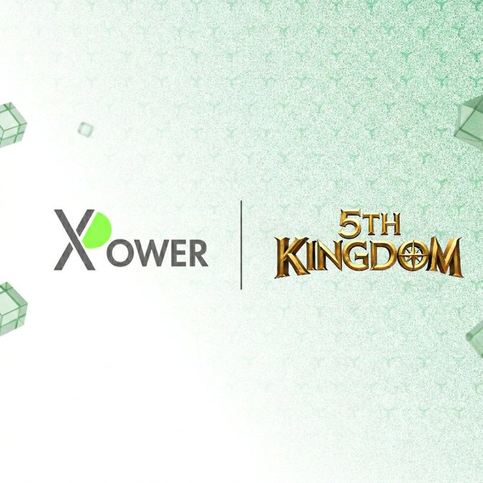 The image is a promotional partnership graphic featuring the logos of "Xower" (with a green accent on the "X") and "5th Kingdom" (in gold, stylized text) side by-side against a light green patterned background with floating cube graphics. The visual celebrates the collaboration between XPower Finance and 5th Kingdom, illustrating the "aligned realms" mentioned in the accompanying post.