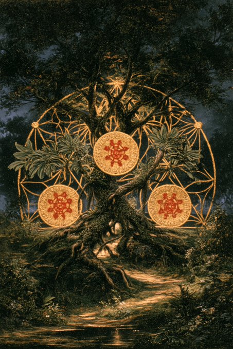 A mystical illustration of a large tree at night with a glowing geometric symbol overlaid, featuring three circular red and gold emblems.