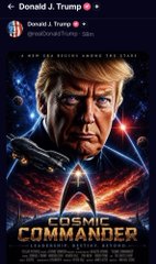 A movie poster for 'COMMANDER' featuring the face of Donald J. Trump above a futuristic fighter jet over a glowing dome, with his social media profile displayed at the top.