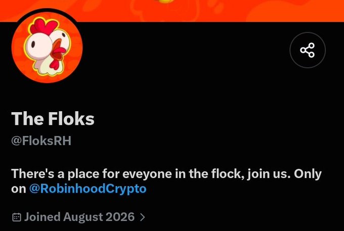 A profile page for 'The Floks' (@FloksRH) featuring a cartoon bird avatar, stating 'There's a place for everyone in the flock, join us. Only on @RobinhoodCrypto', joined August 2026.
