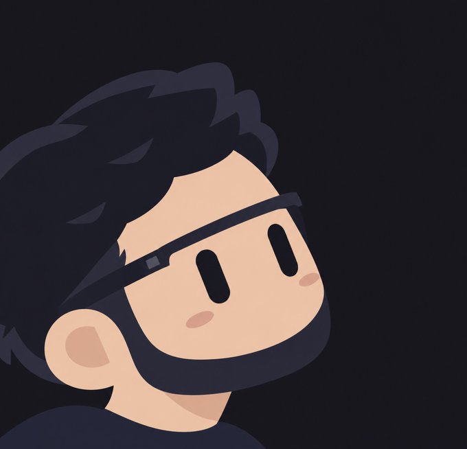 A cartoon avatar of a man with black hair, glasses, and a beard is displayed against a dark background.