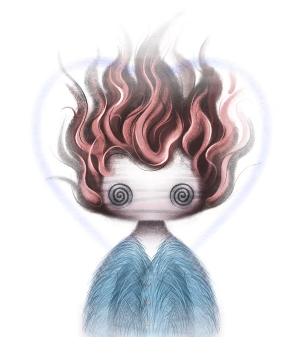 A surreal illustration of a figure with swirling red and black flame-like hair, spiral eyes, wearing a blue button-up shirt, surrounded by a faint blue glow.