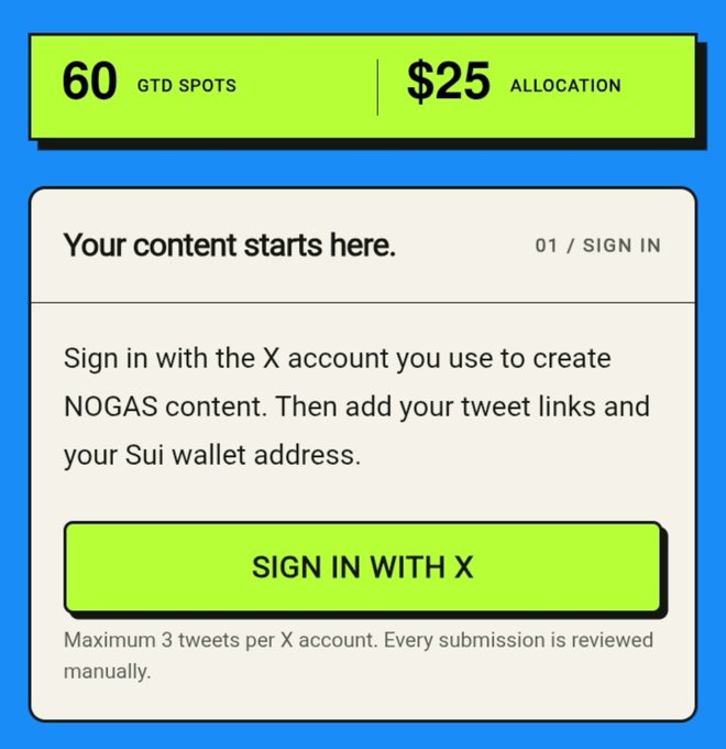 A web interface displays a sign-in screen for NOGAS content submission, featuring a bright green header with '60 GTD SPOTS' and '$25 ALLOCATION,' along with a prominent 'SIGN IN WITH X' button.