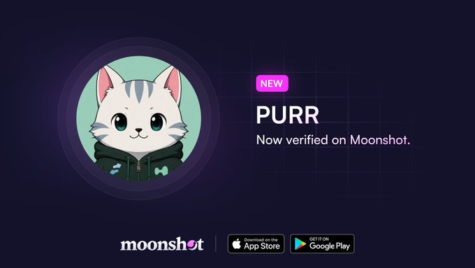 A promotional graphic featuring a cartoon white cat mascot with green eyes wearing a hoodie on a dark purple background, alongside text reading "PURR - NEW - Now verified on Moonshot," with Moonshot branding and App Store/Google Play download buttons at the bottom, supporting the announcement that Hypurr ($PURR) is now verified on Moonshot.