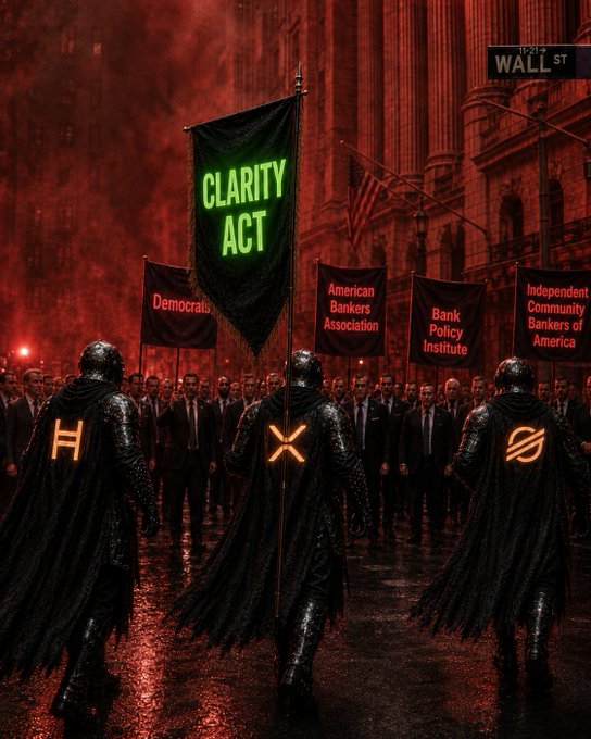 The image depicts three armored figures with glowing symbols on their backs standing on Wall Street beneath banners reading "CLARITY ACT," "Democrats," "American Bankers Association," "Bank Policy Institute," and "Independent Community Bankers of America"—symbolizing the unified $XRP, $XLM, and $HBAR community confronting regulatory resistance. The dark, red-tinged scene reinforces the post's message of pushing through institutional obstacles to advance crypto clarity legislation.