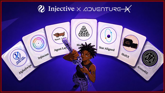 A promotional graphic for 'Injective × Adventure' featuring a character holding an enchanted sword, with seven cards displaying logos/names: AlphaSwipe, Injicun, Agent Layla, Multi... (partially visible), Star Aligned, ShiftX, and Arena402.