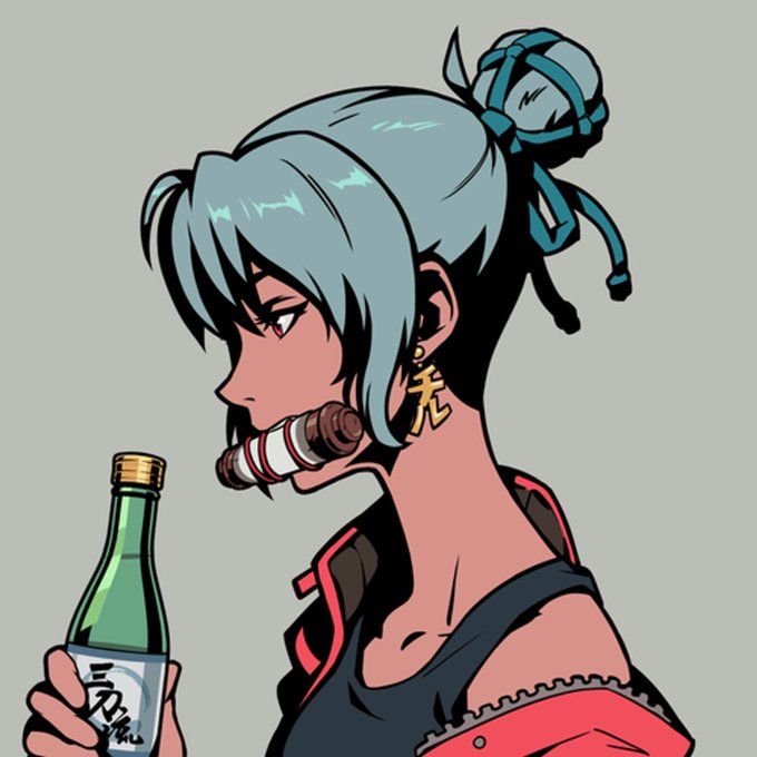 Anime-style illustration of a character with teal hair in a bun, wearing a red and black outfit, holding a green bottle while biting a cylindrical object.