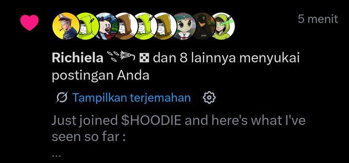 An Instagram notification showing that user 'Richiela' and 8 others liked a post that begins 'Just joined $HOODIE and here's what I've seen so far:' with a 5 minute timestamp.