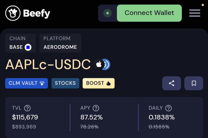 The image shows the Beefy Finance interface displaying the AAPLc-USDC vault on the Base chain via Aerodrome, featuring an 87.52% APY and $115,679 TVL. This visual confirms the post's claim of an 87.5% APY yield for AAPLc on Base.
