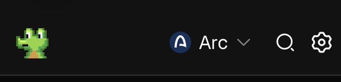 A dark browser tab bar shows a pixelated green dragon icon alongside the Arc browser logo, a search icon, and a settings gear.