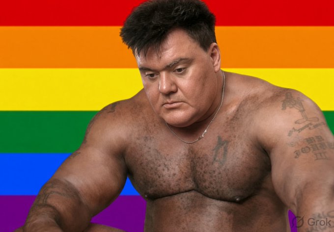 A heavily muscular, shirtless man with a serious expression and visible tattoos on his arms and chest poses in front of a rainbow pride flag background. A 'Grok' watermark is visible in the bottom right corner.