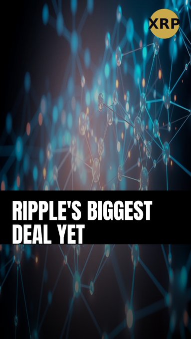 A promotional graphic featuring the XRP logo in the top right corner with the headline "RIPPLE'S BIGGEST DEAL YET" over an abstract blue digital network background.