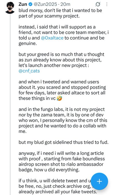 A screenshot of a Twitter/X post by user @Zun2025 discussing a dispute with @0xaltace about project involvement, mentioning @cnf_cats, 'fungo labs', and a warning to delete tweets.