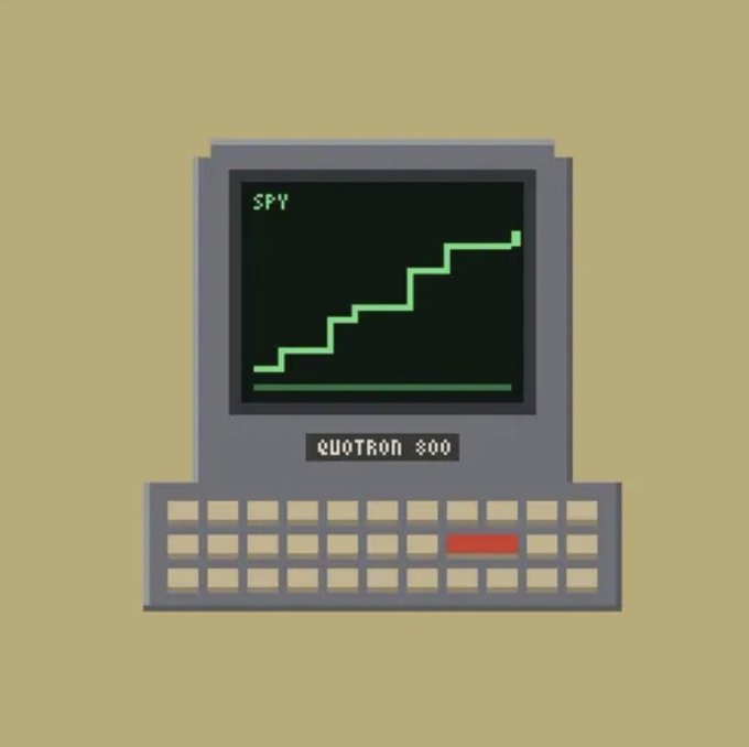 A retro pixel-art illustration of a vintage Quotron 300 stock terminal displaying a green step-chart graph trending upward with the ticker 'SPY' on a black screen against a yellow background.