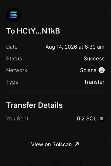 Solana transaction receipt showing a successful transfer of 0.2 SOL to address HCtY...N1kB on Aug 14, 2026.
