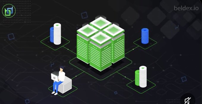 Digital illustration with the 'beldex.io' watermark showing isometric green server towers and stacked coins connected to a figure working on a laptop.