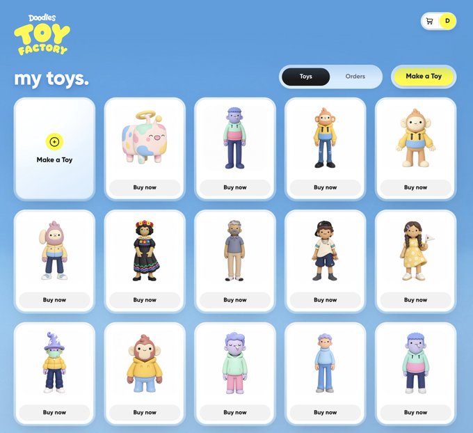 The image shows the Doodles "Toy Factory" interface displaying a collection called "my toys," featuring a grid of 3D-rendered toy figures including animals like a unicorn, elephant, and monkey, alongside various human characters with "Buy now" and "Make a Toy" buttons. The page has tabs for "Toys" and "Orders" with the recognizable Doodles branding in the top left, showcasing customizable NFT toy figures that align with the post's invitation to share Toy Factory creations.