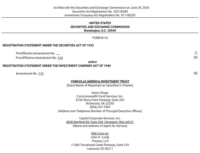 SEC Form N-1A filing for Yorkville America Investment Trust, Post-Effective Amendment No. 114, filed June 29, 2026, listing Karen Shupe of Commonwealth Fund Services, Inc. as contact.