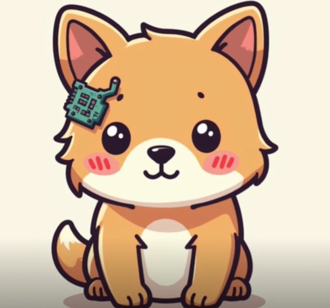 A cute cartoon illustration of a smiling orange Shiba Inu dog with a small green circuit board on its head.