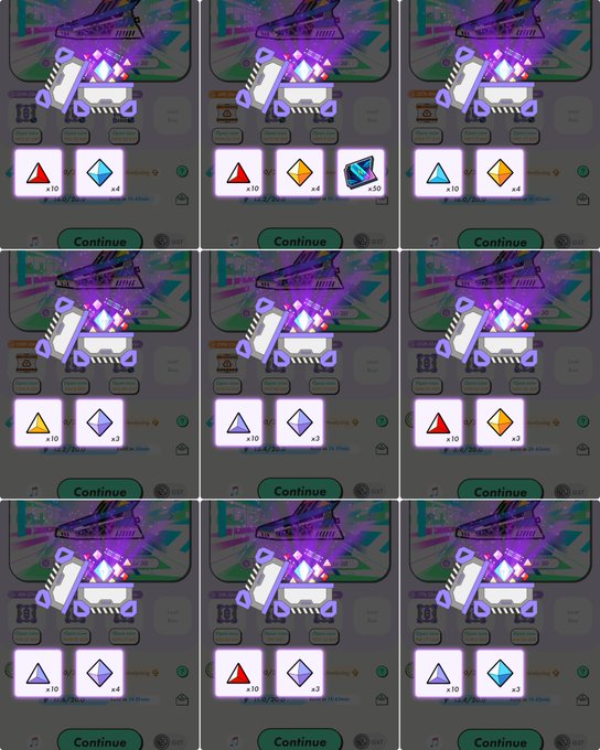 Grid of nine mobile game screenshots showing reward selections with different colored gem icons and varying quantities.