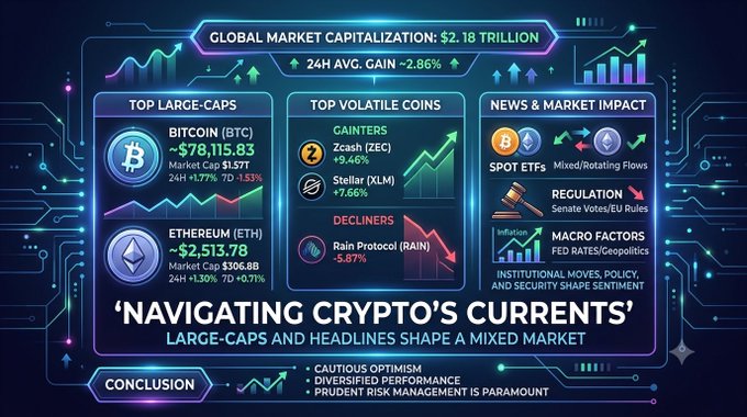 A cryptocurrency market dashboard titled 'Navigating Crypto's Currents' showing global market capitalization of $2.18 trillion with 2.86% 24H gain, featuring Bitcoin (BTC) at ~$78,115, Ethereum (ETH) at ~$2,513, top gainers Zcash (ZEC) +9.46% and Stellar (XLM) +7.66%, decliner Rain Protocol (RAIN) -5.87%, and news on Spot ETFs, Regulation, and Macro Factors.