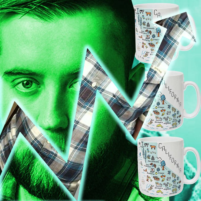 An artistic collage with a green-tinted man's face wearing a plaid shirt, layered with three white ceramic mugs labeled 'CALIFORNIA' decorated with illustrated state icons.
