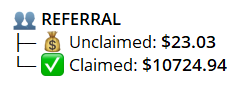 A blurry vertical image displaying three usernames with cartoon avatar icons: "REFERBAL" at the top with a blue tie icon, "Unclaimed $33.03" in the middle with a tan figure icon, and "Claimed $10724.94" at the bottom with a green tie icon.