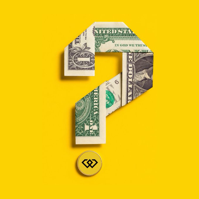A yellow background featuring a question mark shape folded from US one-dollar bills, with a yellow coin bearing a logo at the bottom.