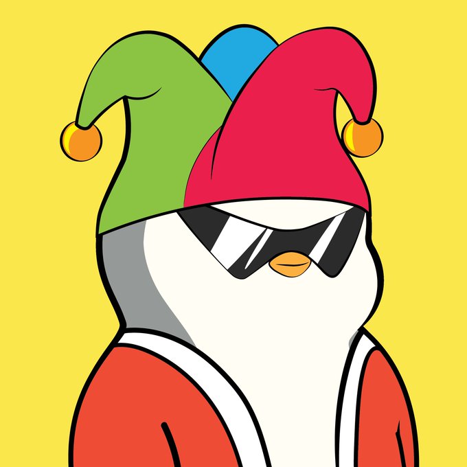 A cartoon penguin wearing a colorful jester hat and sunglasses against a bright yellow background.