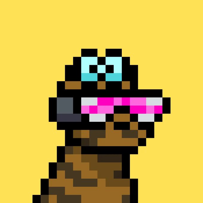A pixel art illustration of a penguin-like character with a pink and white striped scarf, standing against a solid yellow background.