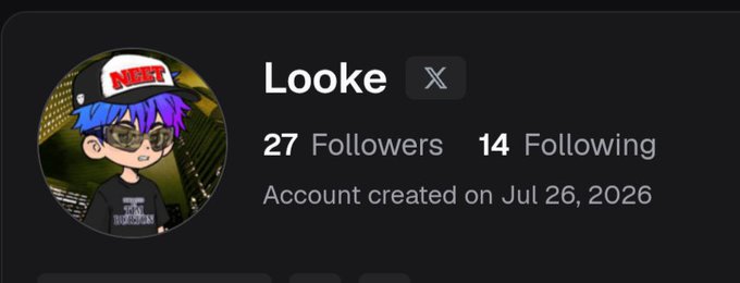 X profile for user 'Looke' with 27 Followers and 14 Following, account created on Jul 26, 2026, featuring an anime-style avatar with blue/purple hair and a 'NERF' cap.