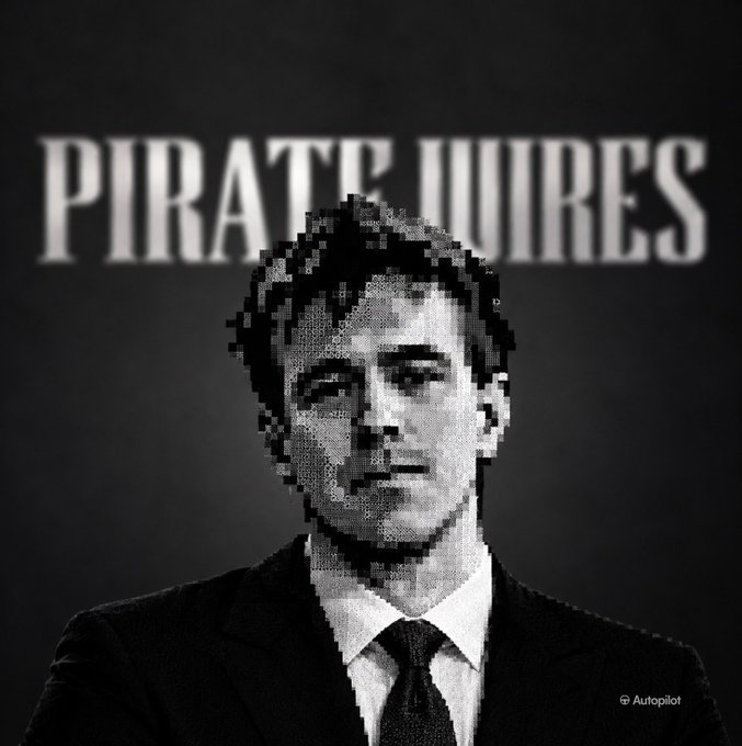 A black-and-white portrait of a suited man appears beneath large white text reading “PIRATE WIRES.” The image visually accompanies the post about Pirate Wires founder and Founders Fund marketing head Peter Thiel’s reported portfolio.