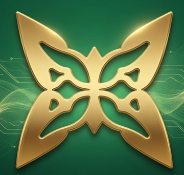 A golden butterfly-shaped logo with intricate cut-out designs set against a green background with subtle circuit-like patterns.