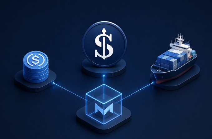 A glowing blue 3D illustration shows coins, a dollar-sign token, a cargo ship, and a central cube labeled with an "M" (Morpho) connected by lines, visually representing Ethra Harbor's flow of stablecoin capital into Morpho Vault strategies and maritime activity.