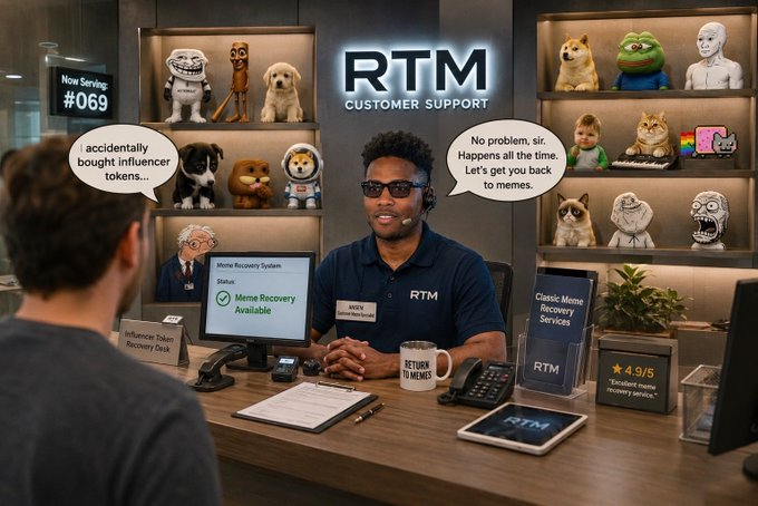 A meme recovery specialist at an RTM Customer Support desk (Server #069) cheerfully assists a customer who "accidentally bought influencer tokens," with speech bubbles reading "accidentally bought influencer tokens..." and "No problem, sir. Happens all the time. Let's get you back to memes." The computer screen confirms "Meme Recovery Available" status, matching the post's request for "rtm support please hold."