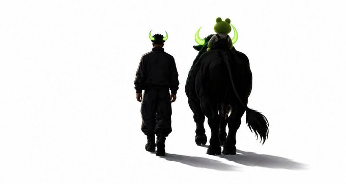 A silhouetted figure in dark clothing walks alongside a large black bull adorned with bright green frog-like horns, set against a stark white background—visually echoing the post's announcement of "Jab Jabich," a new frog-themed member joining the "Black Bull Run" ($FROG) meme family.