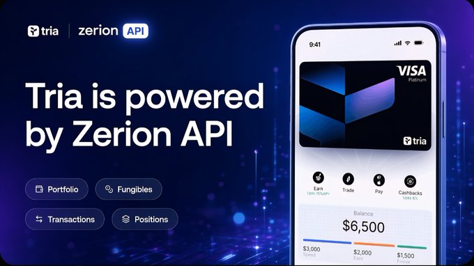 A digital advertisement stating 'Tria is powered by Zerion API,' showing a mobile phone screen displaying a Visa Platinum card branded with the Tria logo and a $6,500 balance.