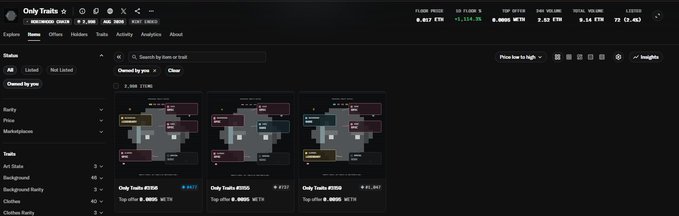 A screenshot of the "Only Traits" NFT marketplace displays three identical trait distribution charts for "Only Traits" tokens (#1426, #1455, #1455), with real-time metrics showing a floor price of 0.017 ETH, 24h volume of 9.16 ETH, and 72 holders, alongside a Reddit Holdings ticker—illustrating the user's frustration about NFT price movement patterns described in the accompanying post.