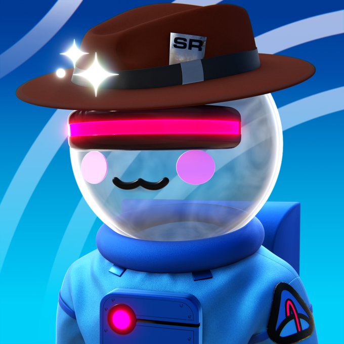 A 3D rendered character wearing a brown hat labeled 'SR', a futuristic blue spacesuit, and a transparent spherical helmet with pink eyes and a mustache, set against a blue background with white curved lines.