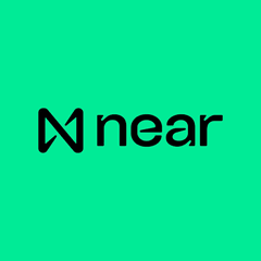A minimalist logo design featuring a stylized black 'N' icon next to the word 'near' set on a solid teal background.