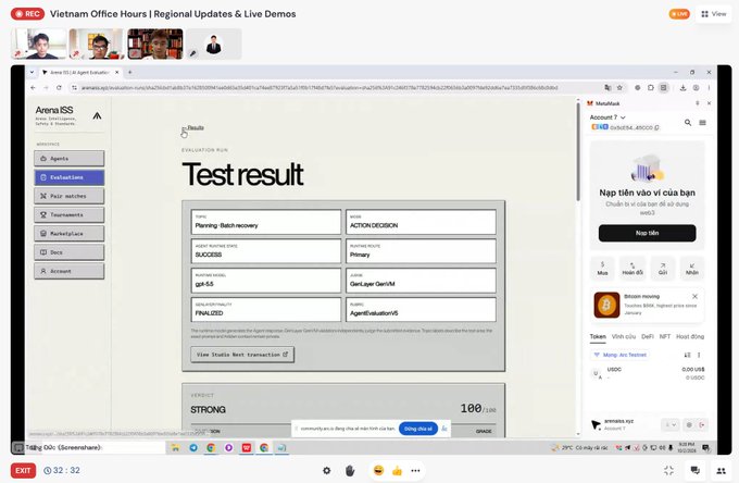 A screen recording of a 'Vietnam Office Hours | Regional Updates & Live Demos' video call showing an 'Arena ISS' agent evaluation test result with a 'STRONG 100.00' score and a MetaMask extension popup.