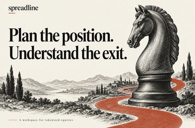A promotional image for Spreadline features a large black chess knight and a red path winding through a sketched landscape, with the text "Plan the position. Understand the exit." and "A workspace for tokenized equities," aligning with the post's announcement of their live platform for trading tokenized stocks, DeFi lending, and wallet-connected portfolio management.
