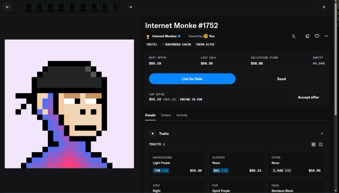 A screenshot shows an NFT marketplace listing for 'Internet Monke #1752' on the BNS marketplace with a pixel art monkey avatar.