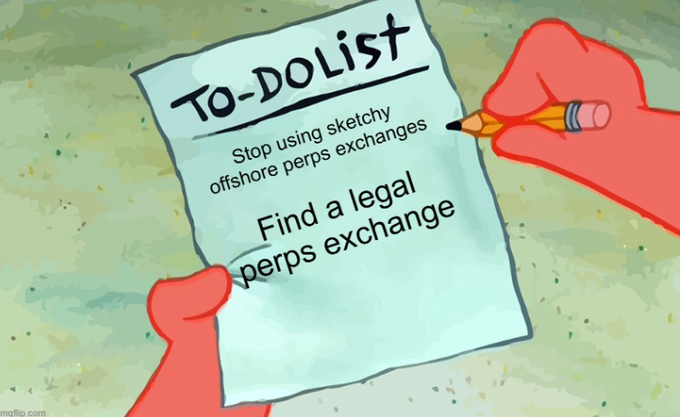 The image shows a to-do list with two items: "Stop using sketchy offshore perps exchanges" and "Find a legal perps exchange," being written by a red cartoon character holding a pencil. This relates to the post promoting Kalshi's new legal US-based perps trading platform as a compliant alternative to unregulated offshore exchanges.