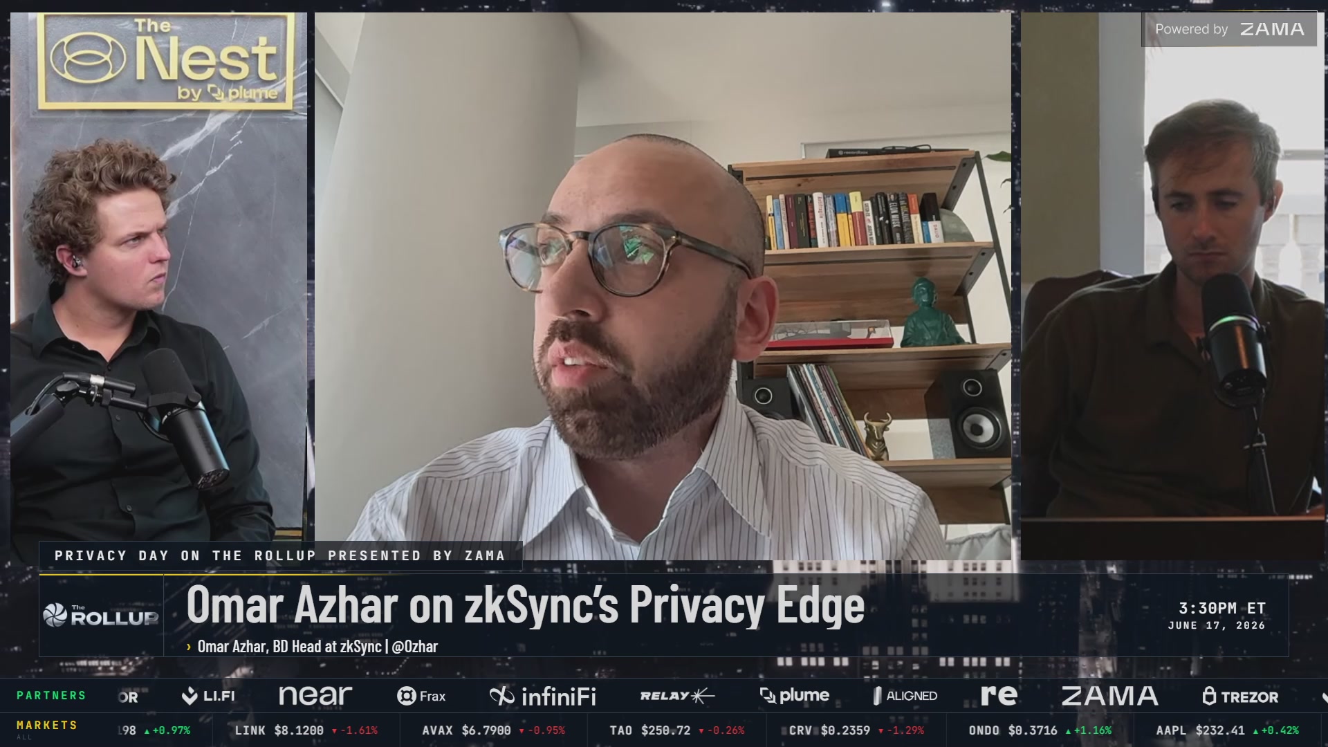 The image shows a panel discussion with three people sitting behind microphones, talking about privacy issues related to institutions. The panelists are wearing glasses and appear to be experts in the field of privacy law or technology. They are discussing the topic at length, possibly sharing their insights on the subject matter. The post that accompanies this image is titled "Catch @Ozhar discussing all things Institutional Privacy on @therollupco live now". This suggests that the panel discussion was part of a live event where people could ask questions and engage in discussions about privacy-related topics.