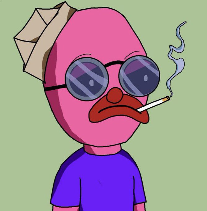 A cartoon illustration of a pink, egg-shaped character wearing round dark sunglasses, a purple shirt, with a cigarette in its frowning mouth, smoke curling upward, and a cardboard piece on its head.
