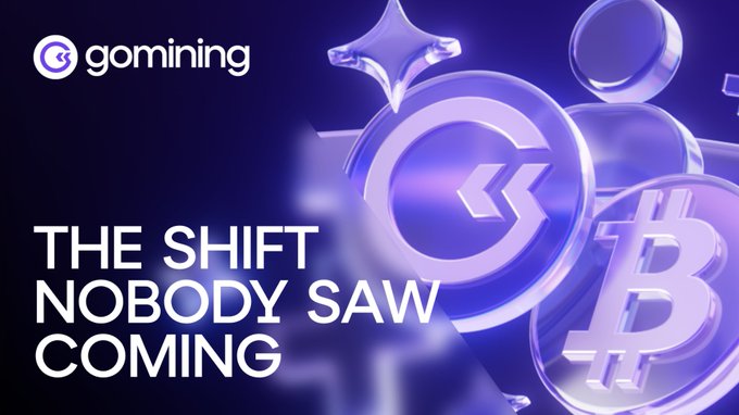 The image shows a purple-themed GoMining promotional graphic featuring 3D-rendered "G" logos and a Bitcoin symbol, with the bold headline "THE SHIFT NOBODY SAW COMING." This visually reinforces the post's theme about GoMining's evolving role in the Bitcoin mining industry, where mining has transformed from simple coin production into the infrastructure enabling Bitcoin spending.