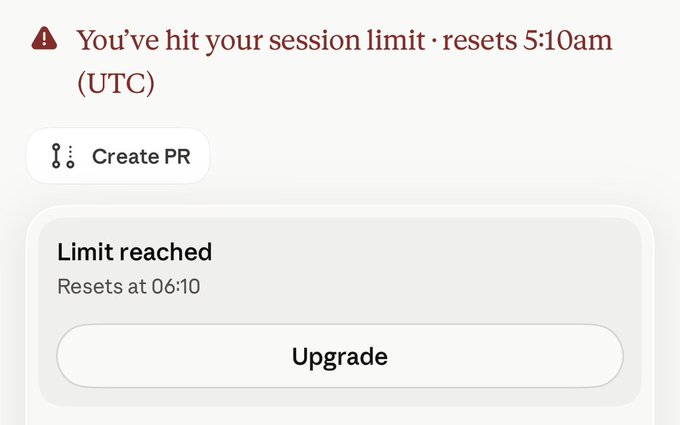 A screenshot showing a session limit notification reading "You've hit your session limit · resets 5:10am (UTC)" along with a "Limit reached" message stating "Resets at 06:10" and an "Upgrade" button. This image humorously illustrates that even while building a Telegram bot, the creator has maxed out their AI usage for the day.