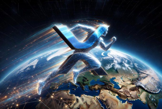 A metallic blue XRP logo with a running figure silhouette set against a cosmic Earth backdrop.